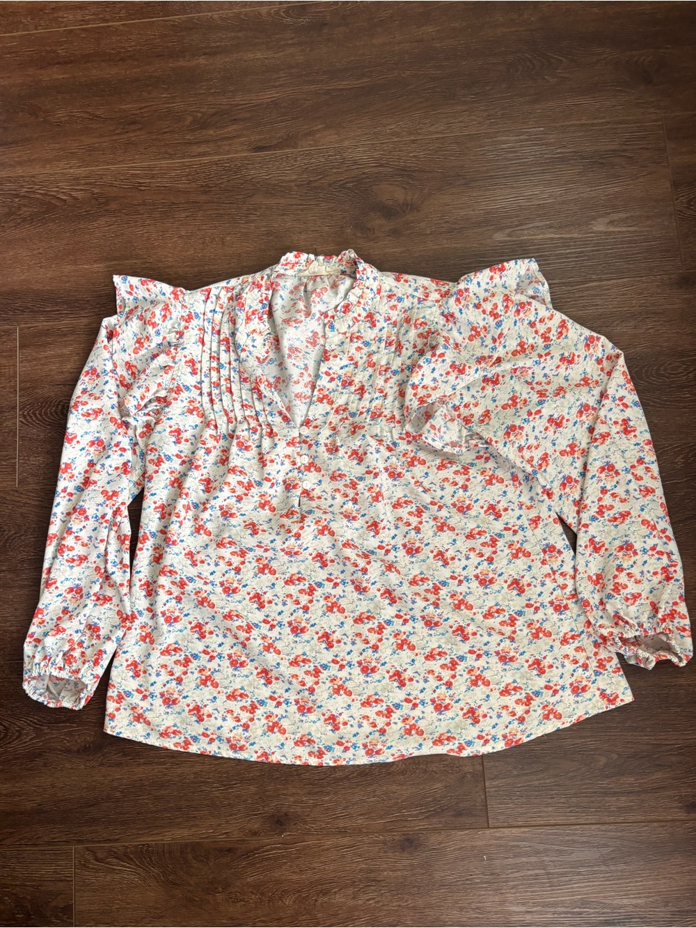 Floral V-Neck Long Sleeve Blouse with Red & Blue Flowers